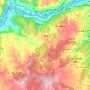 Mappa topografica Toén, altitudine, rilievo