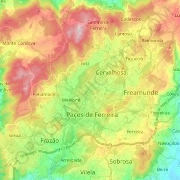 Mappa topografica Paços de Ferreira, altitudine, rilievo