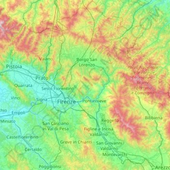 Mappa topografica Città metropolitana di Firenze, altitudine, rilievo