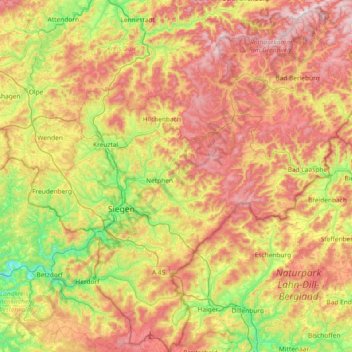 Mappa topografica Siegen-Wittgenstein, altitudine, rilievo