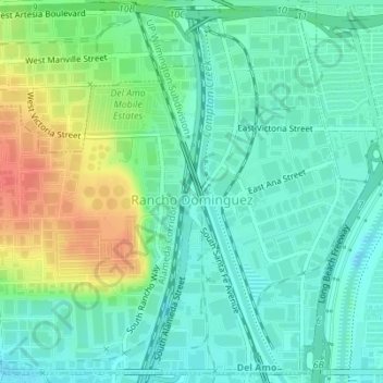 Mappa topografica Rancho Dominguez, altitudine, rilievo