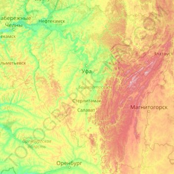 Mappa topografica Башкортостан, altitudine, rilievo