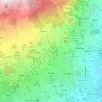 Mappa topografica Pedara, altitudine, rilievo