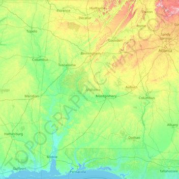 Mappa topografica Alabama, altitudine, rilievo