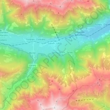 Mappa topografica Laces, altitudine, rilievo