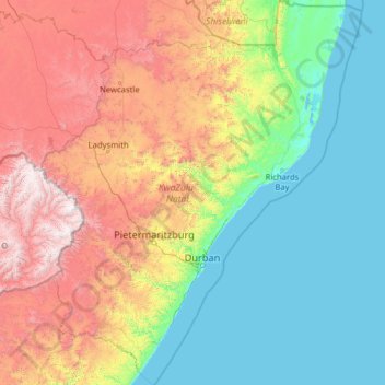 Mappa topografica KwaZulu-Natal, altitudine, rilievo
