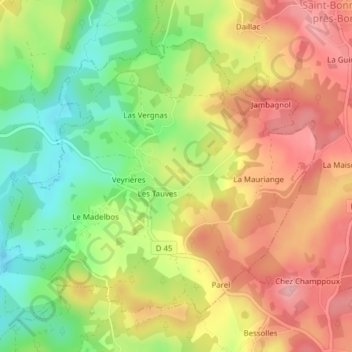 Mappa topografica Veyrières, altitudine, rilievo