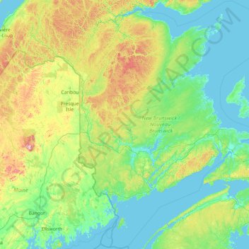 Mappa topografica New Brunswick, altitudine, rilievo