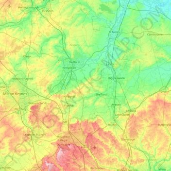 Mappa topografica Bedfordshire, altitudine, rilievo