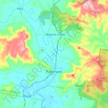 Mappa topografica Paterson, altitudine, rilievo