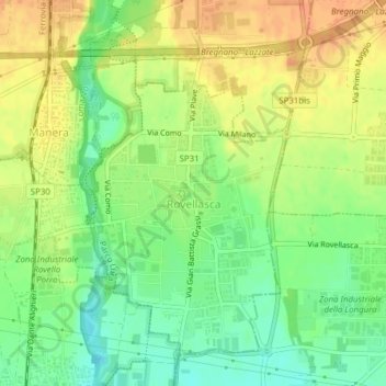 Mappa topografica Rovellasca, altitudine, rilievo