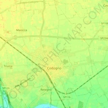 Mappa topografica Codogno, altitudine, rilievo