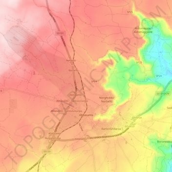 Mappa topografica Abbasanta, altitudine, rilievo
