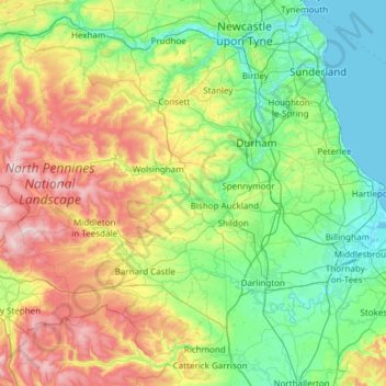 Mappa topografica County Durham, altitudine, rilievo