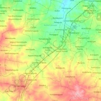 Mappa topografica Kothur mandal, altitudine, rilievo