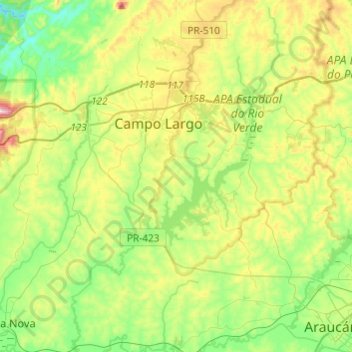 Mappa topografica Rio Verde, altitudine, rilievo