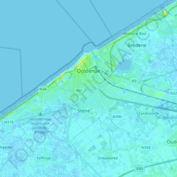 Mappa topografica Ostenda, altitudine, rilievo