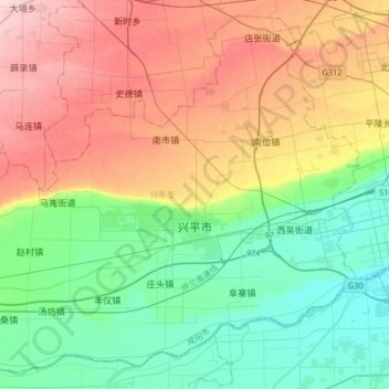 Mappa topografica 兴平市, altitudine, rilievo