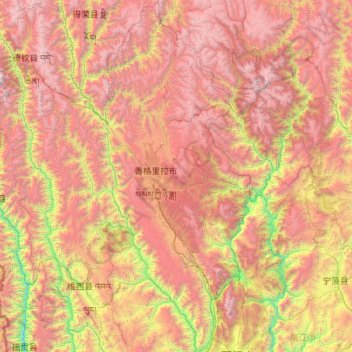 Mappa topografica 香格里拉市 སེམས་ཀྱི་ཉི་ཟླ་གྲོང་ཁྱེར།, altitudine, rilievo