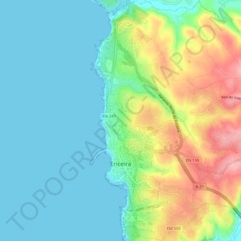 Mappa topografica Ericeira, altitudine, rilievo