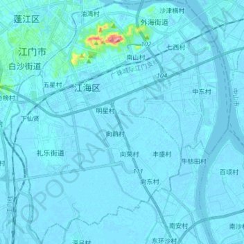 Mappa topografica 江海区, altitudine, rilievo