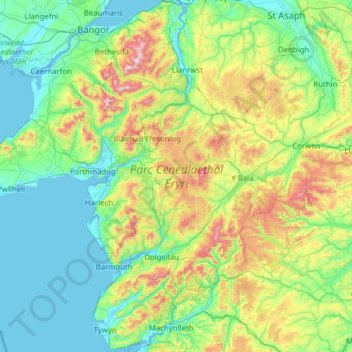 Mappa topografica Snowdonia National Park, altitudine, rilievo
