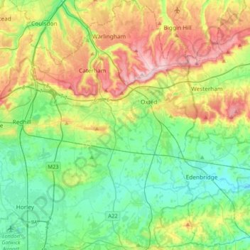 Mappa topografica Tandridge District, altitudine, rilievo