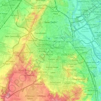 Mappa topografica Nuova Delhi, altitudine, rilievo