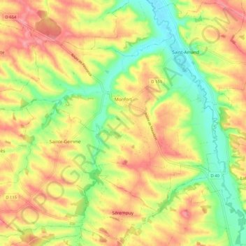 Mappa topografica Monfort, altitudine, rilievo