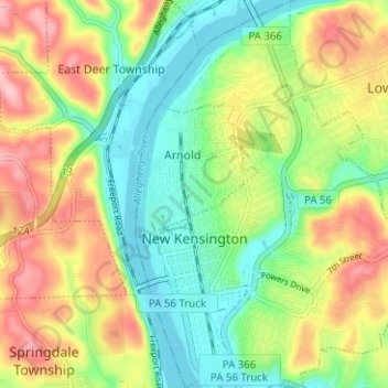 Mappa topografica New Kensington, altitudine, rilievo