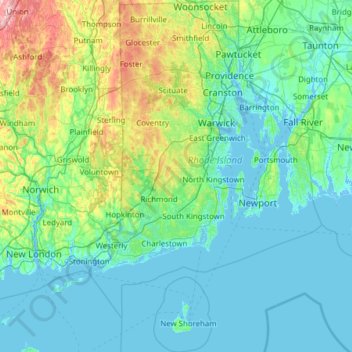 Mappa topografica Rhode Island, altitudine, rilievo