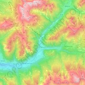 Mappa topografica Predazzo, altitudine, rilievo
