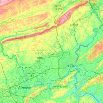 Mappa topografica Northampton County, altitudine, rilievo