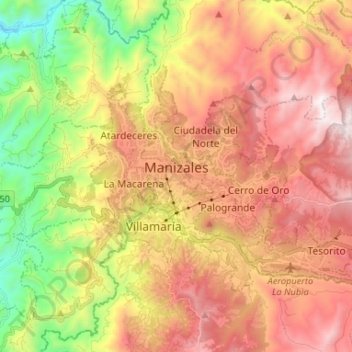 Mappa topografica Perímetro Urbano Manizales, altitudine, rilievo