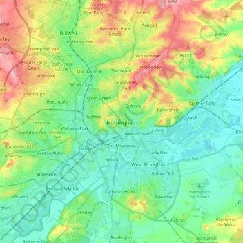 Mappa topografica Nottingham, altitudine, rilievo