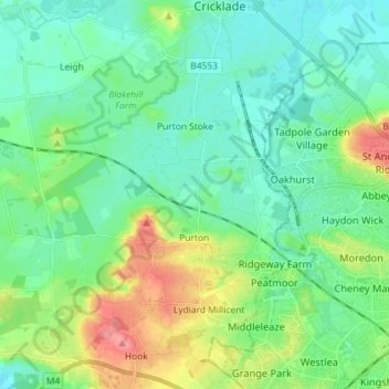 Mappa topografica Purton, altitudine, rilievo