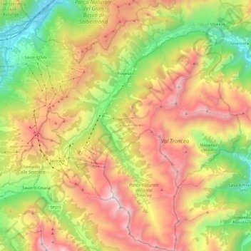 Mappa topografica Pragelato, altitudine, rilievo