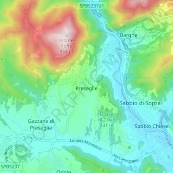 Mappa topografica Preseglie, altitudine, rilievo