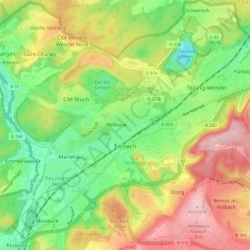 Mappa topografica Forbach, altitudine, rilievo