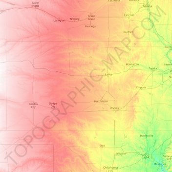 Mappa topografica Kansas, altitudine, rilievo