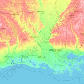 Mappa topografica Louisiana, altitudine, rilievo
