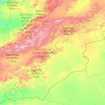 Mappa topografica Drâa-Tafilalet ⴷⴰⵔⵄⴰ-ⵜⴰⴼⵉⵍⴰⵍⵜ درعة-تافيلالت, altitudine, rilievo