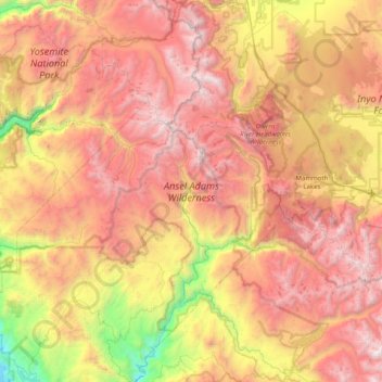Mappa topografica Ansel Adams Wilderness, altitudine, rilievo