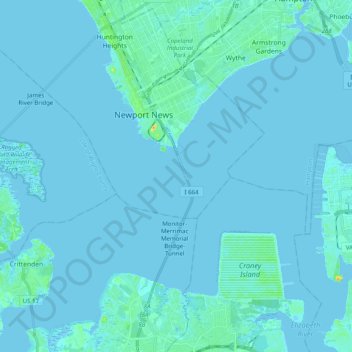 Mappa topografica Hampton Roads, altitudine, rilievo