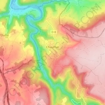 Mappa topografica Chaulhac, altitudine, rilievo