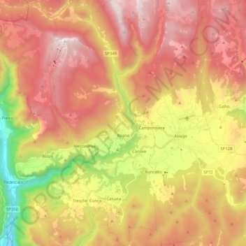 Mappa topografica Roana, altitudine, rilievo