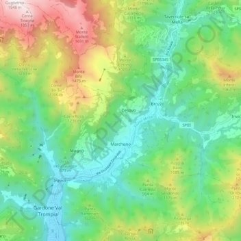 Mappa topografica Marcheno, altitudine, rilievo