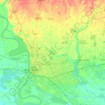 Mappa topografica East Baton Rouge Parish, altitudine, rilievo