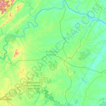 Mappa topografica Buckingham County, altitudine, rilievo
