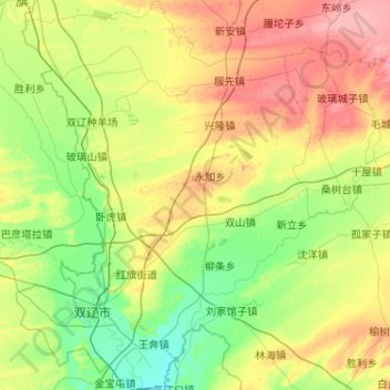 Mappa topografica 双辽市, altitudine, rilievo